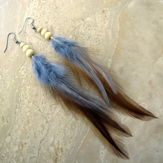 blue and brown feather earrings