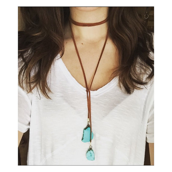 brown and turquoise suede necklace