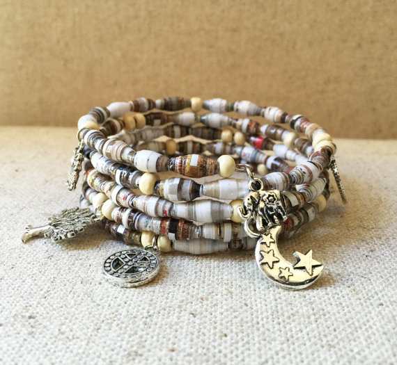 memory wire boho bracelet with paper beads