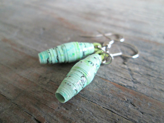 mint green earrings with paper beads