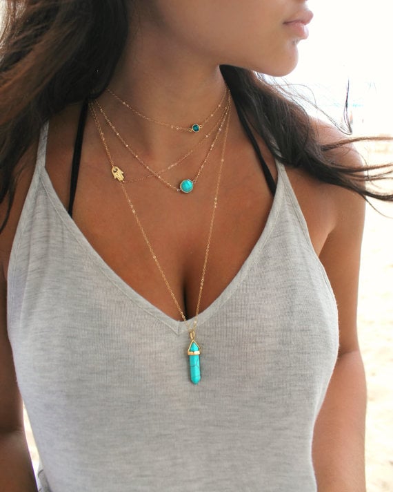 multi layered necklace gold and turquoise