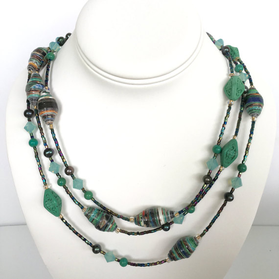 multi strand turquoise necklace with paper beads