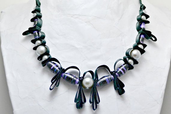 necklace with paper beads and pearls