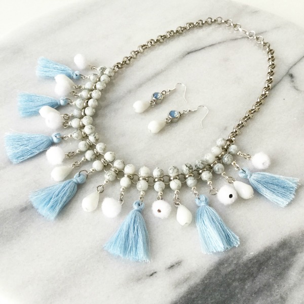 statement necklace blue and marmer with tassels